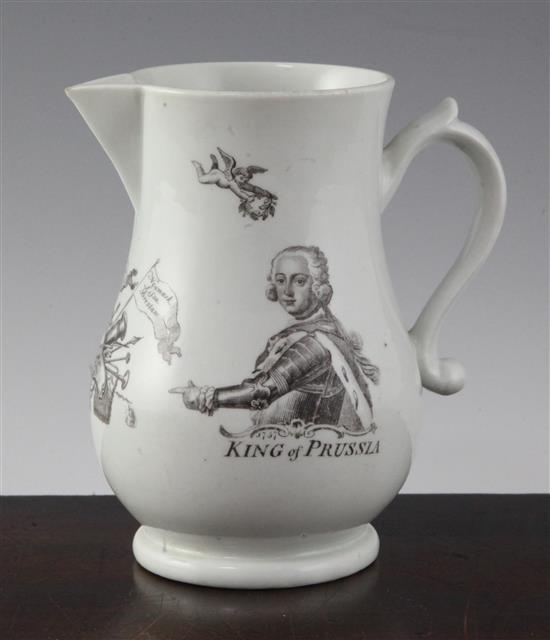 A Worcester black printed King of Prussia baluster jug, dated 1757, 5.75in.